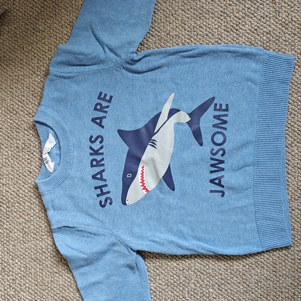 H&M Light Blue Knit Sweater With Sharks, 2-4y